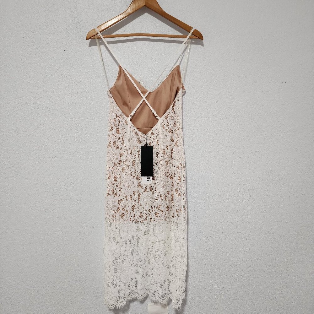 DO+BE White Floral Lace Midi Dress Nude lined Small Bridal Cocktail Romantic NWT - Picture 2 of 8